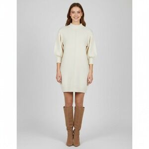 ASOS Womens Sweater Dress Mini High Neck Puff Sleeves Cream Cable Knit - US Sz 4